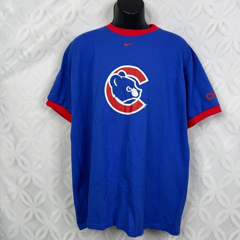 Nike Chicago Cubs MLB Ringer T-Shirt‎ Mens Large Blue Red Logo Tee